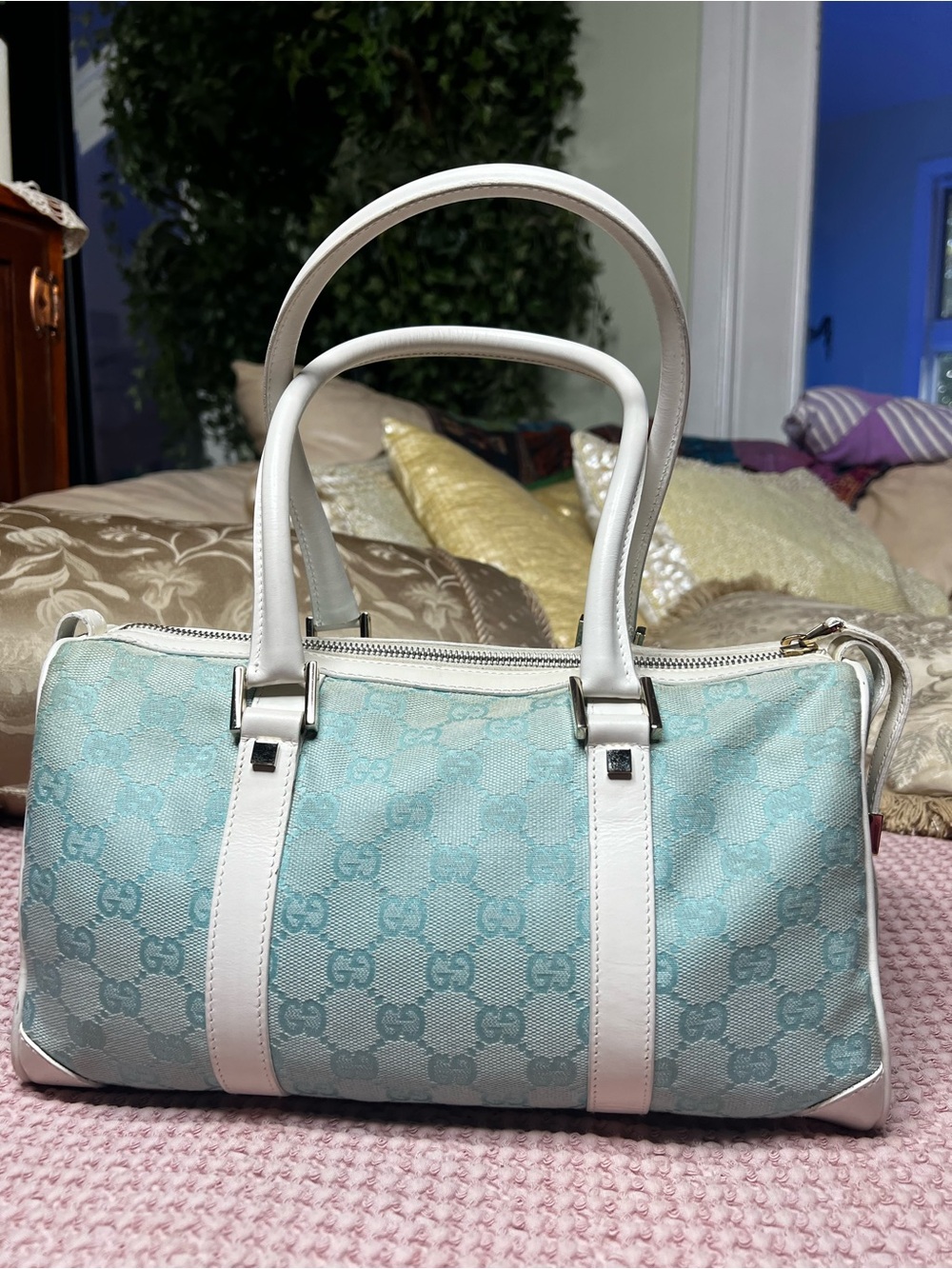 Gucci Vintage Light Blue/Teal GG Canvas Boston Satchel Bag